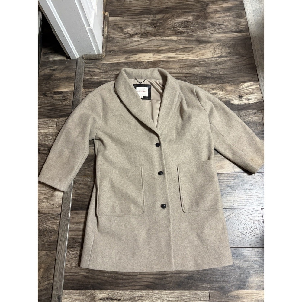 Lucky Brand Women's Long Pea Coat Size Large Jacket Tan MSRP $248